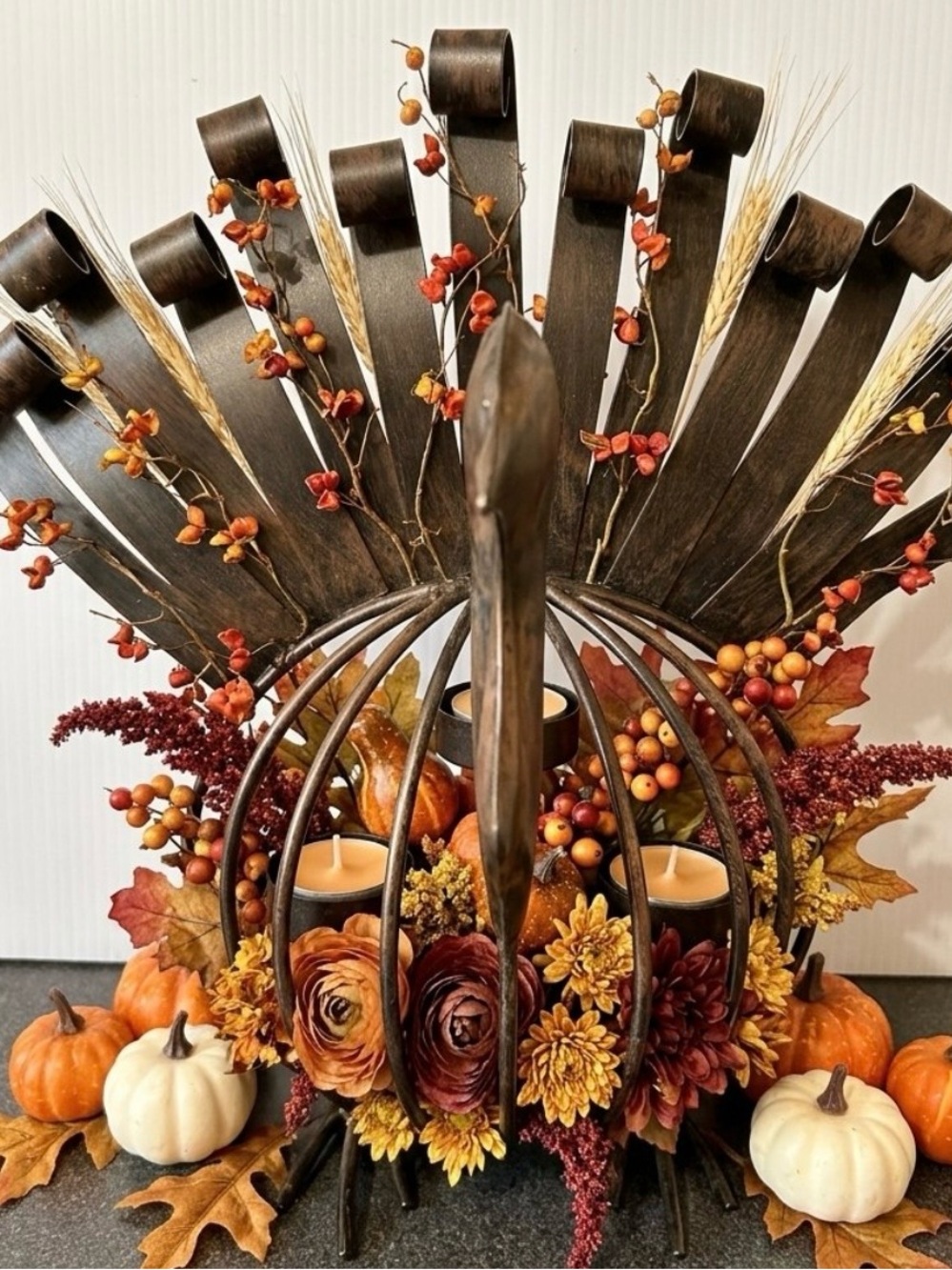 Harvest/Thanksgiving Decorative Metal Turkey - with candle holders. Black Metal